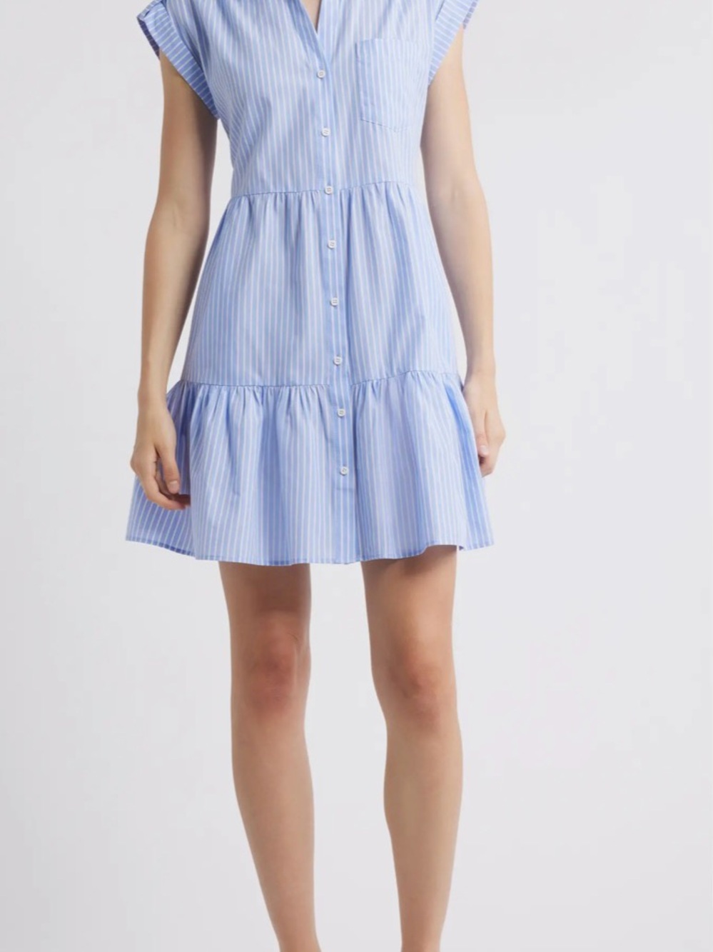 Eliza J Light Blue and White Striped Tiered Shirt Dress